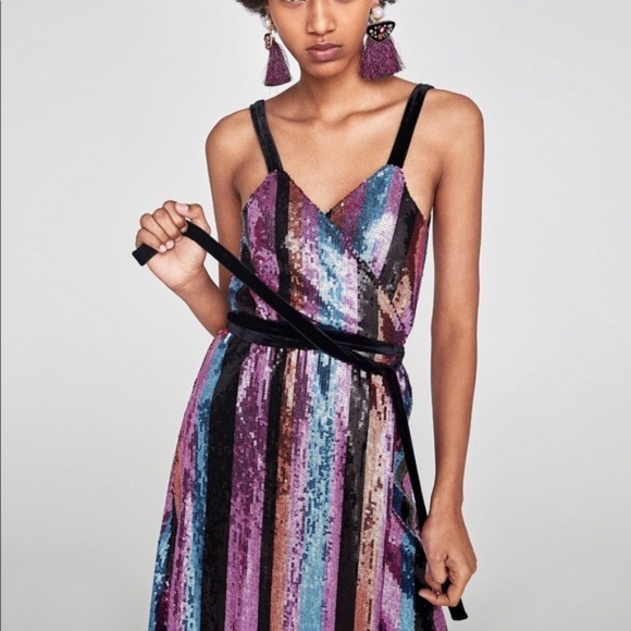 SOLD Zara Sequin Stripe Midi Wrap Dress, Sz Small - Picture 2 of 16